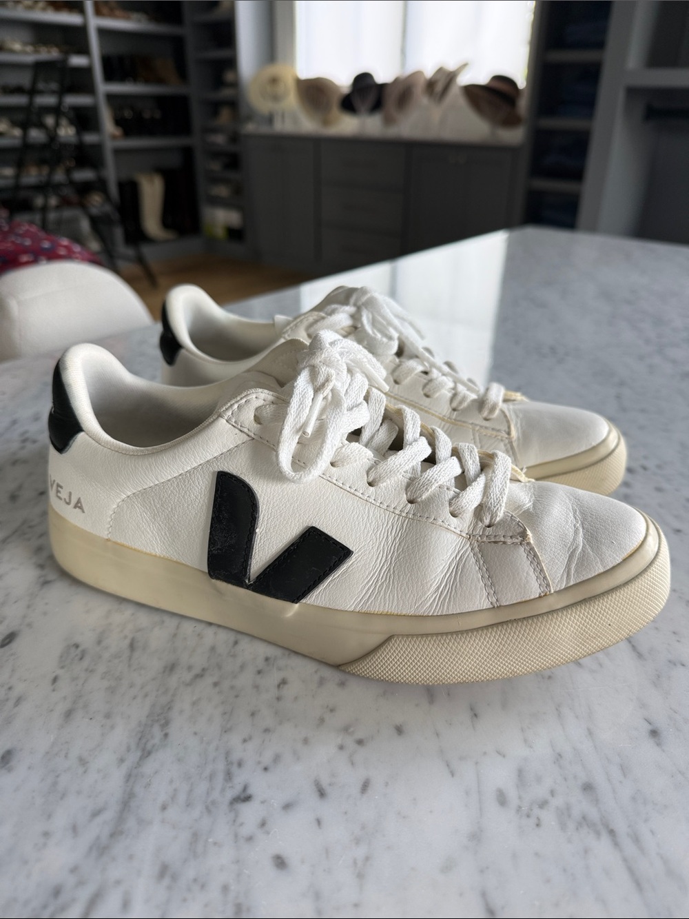 Veja Campos White Leather Sneakers with Black V Accent - Picture 1 of 9